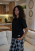 Women summer pajama set Black T-shirt + Black X White Glen Plaid Pants